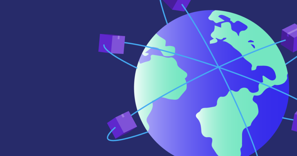 International Shipping Illustration - packages flying around a a globe