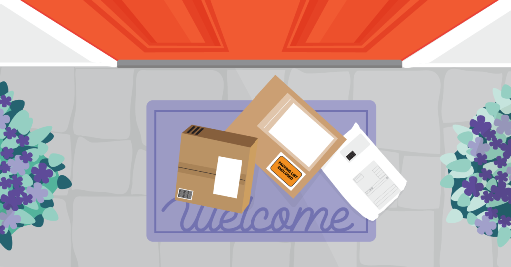 delivered packages on doorstep with orange door