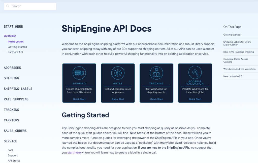 Screenshot of ShipEngine's Introduction to Documentation