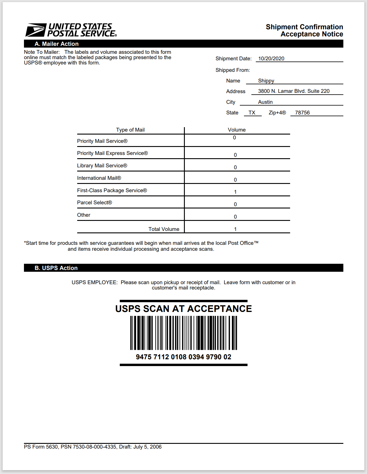 Example of USPS SCAN form that shows ship date, location, the volume per service, and acceptance barcode